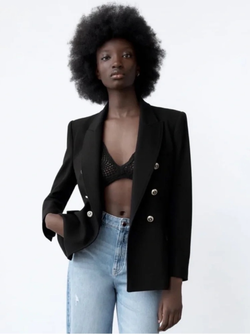Zara Double Breasted Black Blazer Structured Power Suit Gold Buttons Tailored